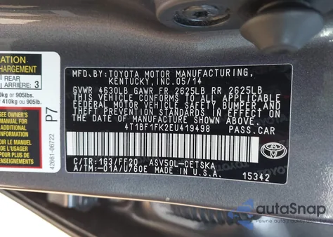 2014 Toyota Camry Se z USA, uszkodzony, nr VIN 4T1BF1FK2EU419498